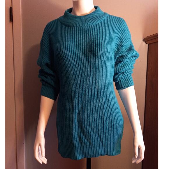 Vntg 80s Turquoise Emerald Green Chunky Knit Sweater Cozy Core Dopamine Dressing - Picture 9 of 10